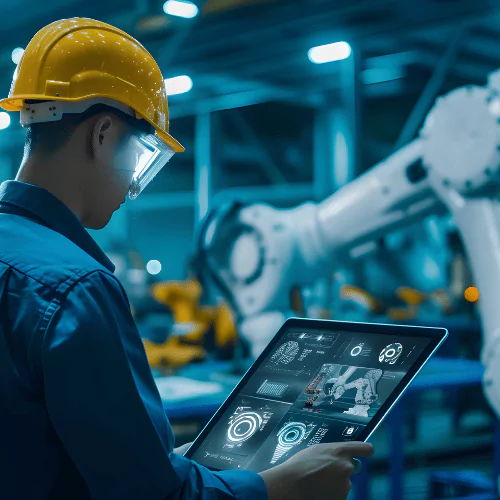 Worker checking robotic arm's performance on a tablet on a shop floor