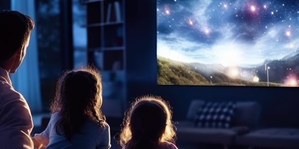 A family enjoying movie night with a large smart TV and streaming content from various platforms. Generative Ai.